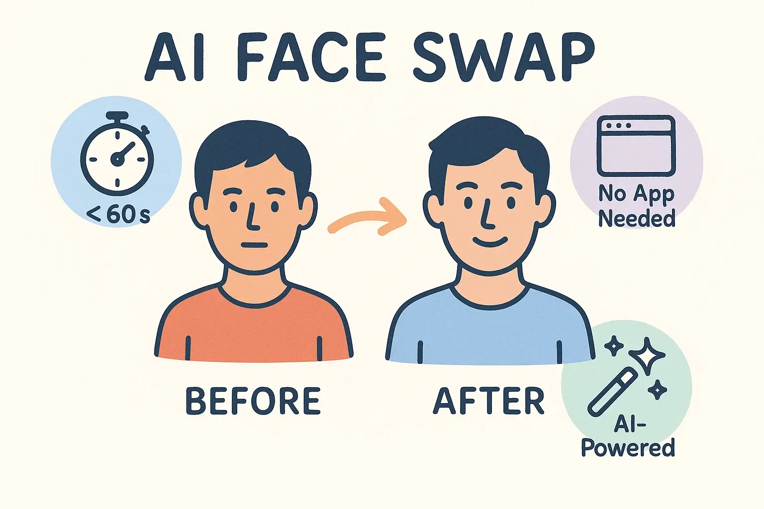 A collage showing a before and after AI face swap, with icons representing a camera, a clock showing less than 60 seconds, and a computer screen to signify an online tool.