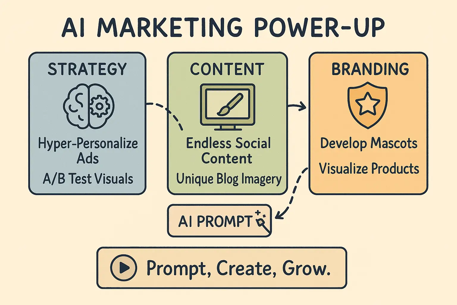 An infographic showing 10 creative ways businesses can use an AI picture generator for marketing, with icons representing social media, advertising, and branding.